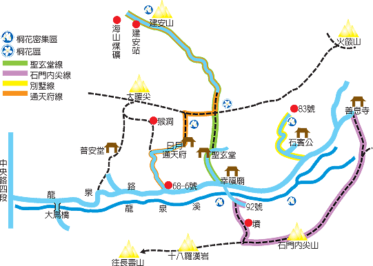 龍泉溪系列步道路線，詳情請參考下方文字說明。