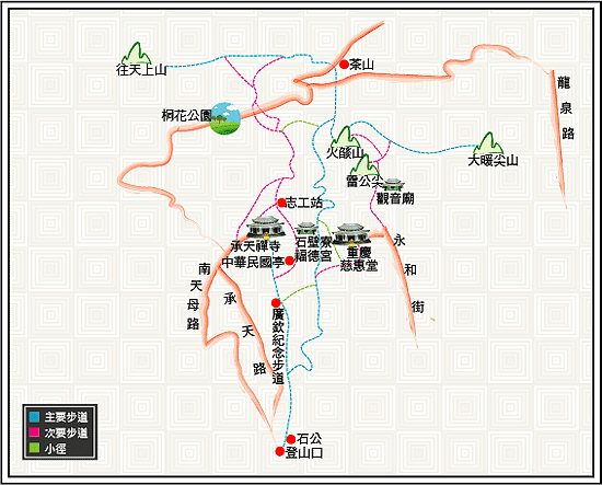 火燄山登山步道系統詳圖，詳細步道路線請參考上方文字說明。