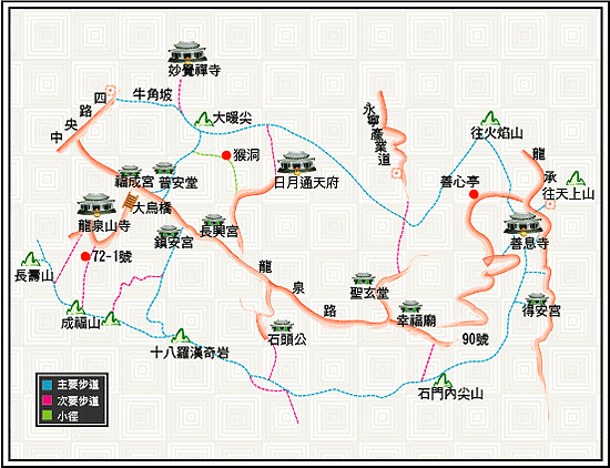 十八羅漢岩登山步道系統詳圖，詳細步道路線請參考上方文字說明。