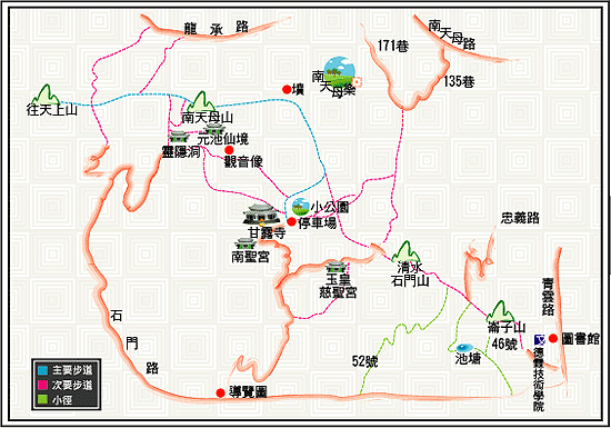 崙子山登山步道系統詳圖，詳細步道路線請參考上方文字說明。