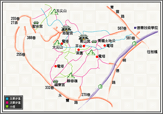 尖山登山步道(北區)系統詳圖，詳細步道路線請參考上方文字說明。