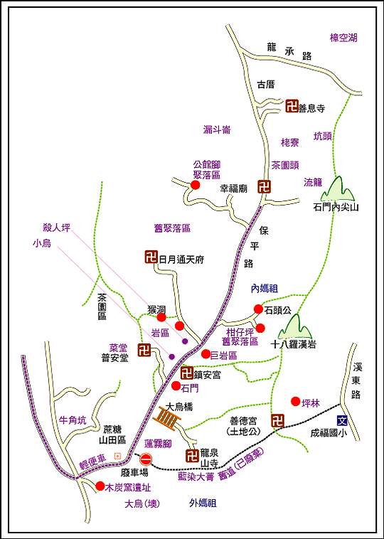 媽祖坑古道路線圖，詳情請參考下方文字說明。